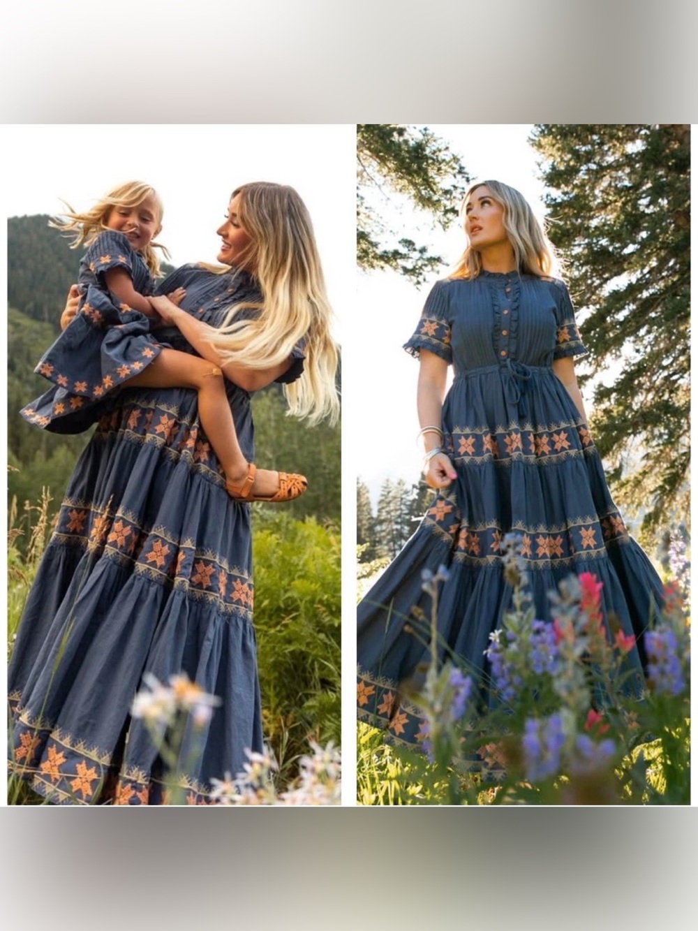 IVY CITY CO Capri Embroidered Tiered Midi Dress Sz XS 💯Cotton Blue Boho Cottage